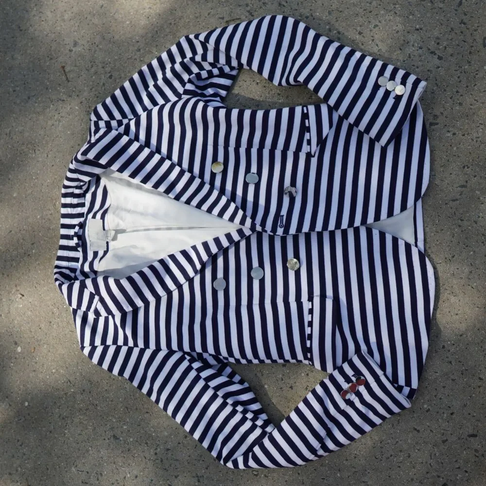 H&M Navy White Striped Blazer Gold Button Tailored Jacket Size 12 Preppy Work - Picture 8 of 15